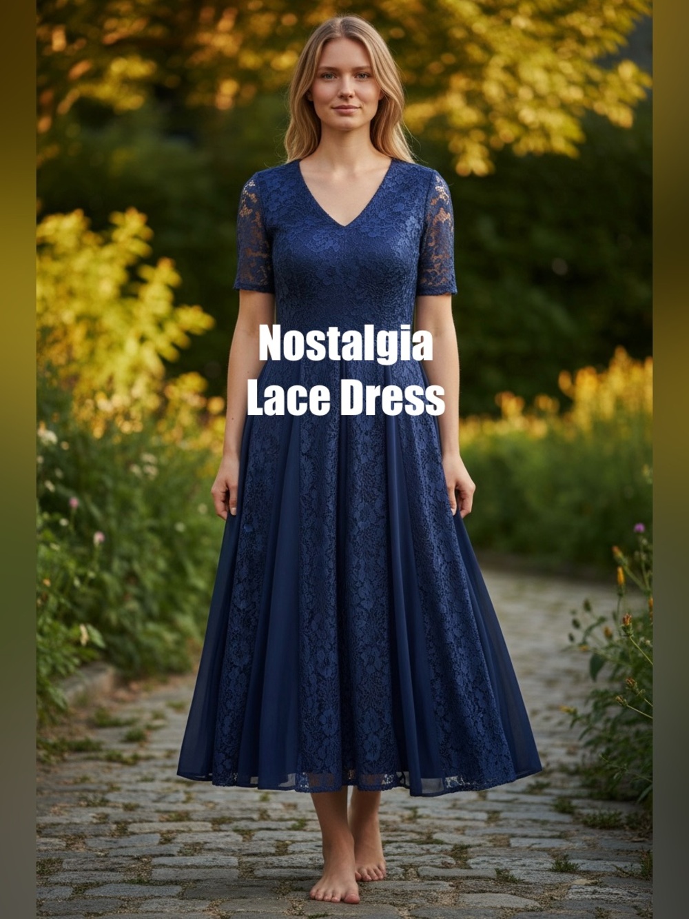 Gorgeous Navy Blue Lace Calf Length Dress